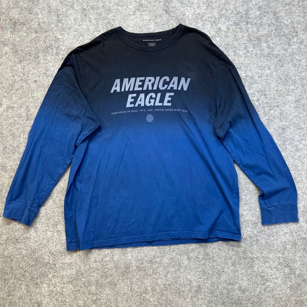 American Eagle Long Sleeve Shirt Mens XXXL Blue Black Ombre Dip Dye Cotton Tee